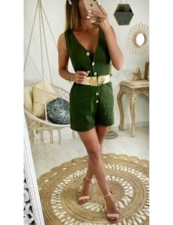 Combi-short Style Lin Kaki Et Boutonnée