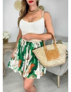 Jupe Plissée En Voilage Motif Vert & Beige