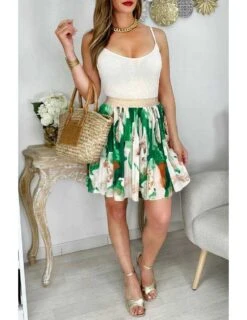 Jupe Plissée En Voilage Motif Vert & Beige -Elegance Douce Boutique jupe plissee en voilage motif vert beige 3