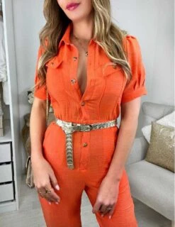 Ma Combi Pantalon Boutonnée Orange Style Lin -Elegance Douce Boutique ma combi pantalon boutonnee orange style lin 2