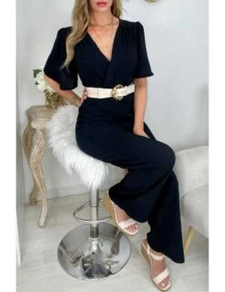 Ma Combi Pantalon Fluide Noire "col Cache Cœur & Sa Ceinture à Nouer"