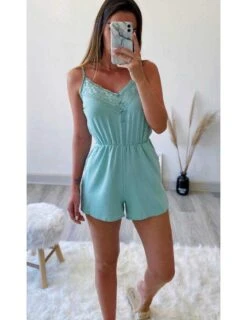 Ma Combi Short Vert D'eau "col Boutons Et Dentelle"