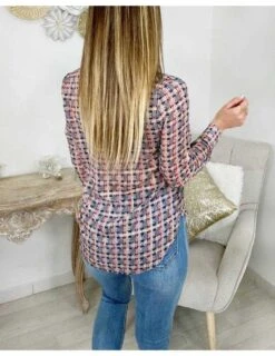 Ma Jolie Blouse Col V " Carreaux Blue/red/gold" -Elegance Douce Boutique ma jolie blouse col v carreaux blueredgold 3