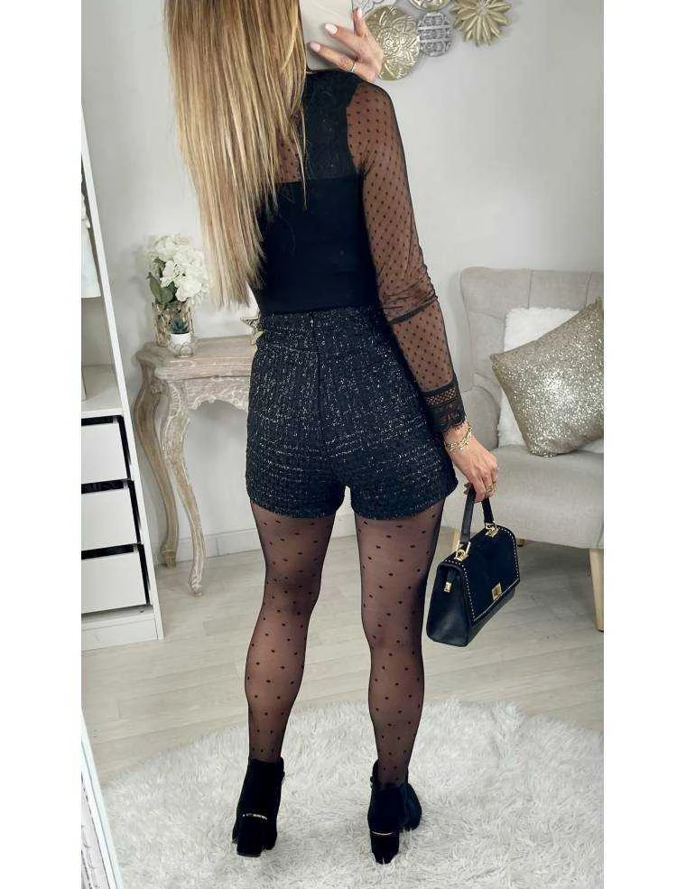 Ma Jolie Jupe Short Black Tweed Shinny "boutons Doré" 5 Ma Jolie Jupe Short Black Tweed Shinny "boutons Doré" – Image 3