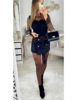 Ma Jolie Jupe Short Black Tweed Shinny "boutons Doré"