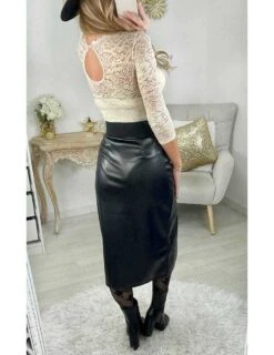 Ma Jupe Style Cuir Noire " Froncée Et Fendue"' -Elegance Douce Boutique ma jupe style cuir noire froncee et fendue 1 1