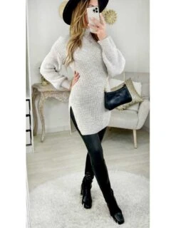 Ma Robe Tunique En Maille Beige "col Cheminée Et Fendu"