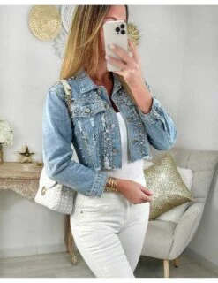 Ma Veste En Jeans Bleu " Strass & Nails" -Elegance Douce Boutique ma veste en jeans bleu strass nails 2