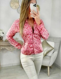 Mon Chemisier Col Petits Volants "Pink Leafs" -Elegance Douce Boutique mon chemisier col petits volants pink leafs 2