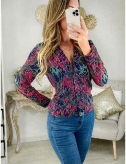 * Mon Petit Chemisier En Voilage " Fuchsia & Blue Leafs"