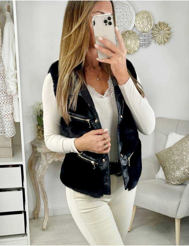 Mon Petit Gilet Sans Manches Noir "style Cuir Et Fourrure" 4 Mon Petit Gilet Sans Manches Noir "style Cuir Et Fourrure" – Image 2