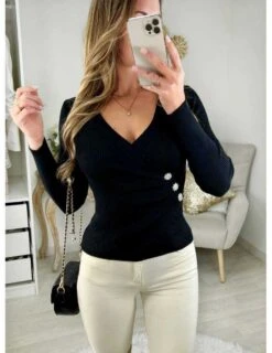 Mon Petit Pull Côtelé Noir "drapé & Boutons Strass"