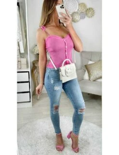 Mon Petit Top Rose En Maille "fines Bretelles Nouées"