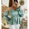 Mon Petit Top Vert Aqua Satiné "porté épaules" 2 Mon Petit Top Vert Aqua Satiné "porté épaules" -Elegance Douce Boutique mon petit top vert aqua satine porte epaules