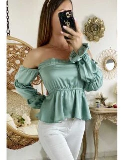 Mon Petit Top Vert Aqua Satiné "porté épaules"