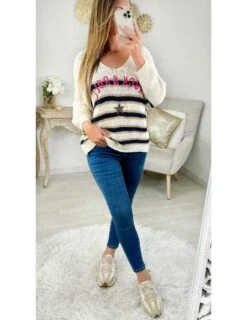 Mon Pull Beige Col V En Maille " Rock & Roll"