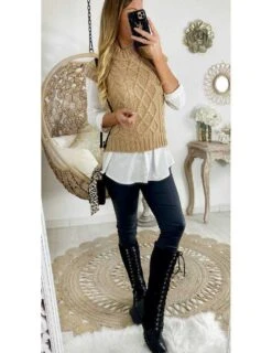 Mon Pull Camel Torsades Sans Manches