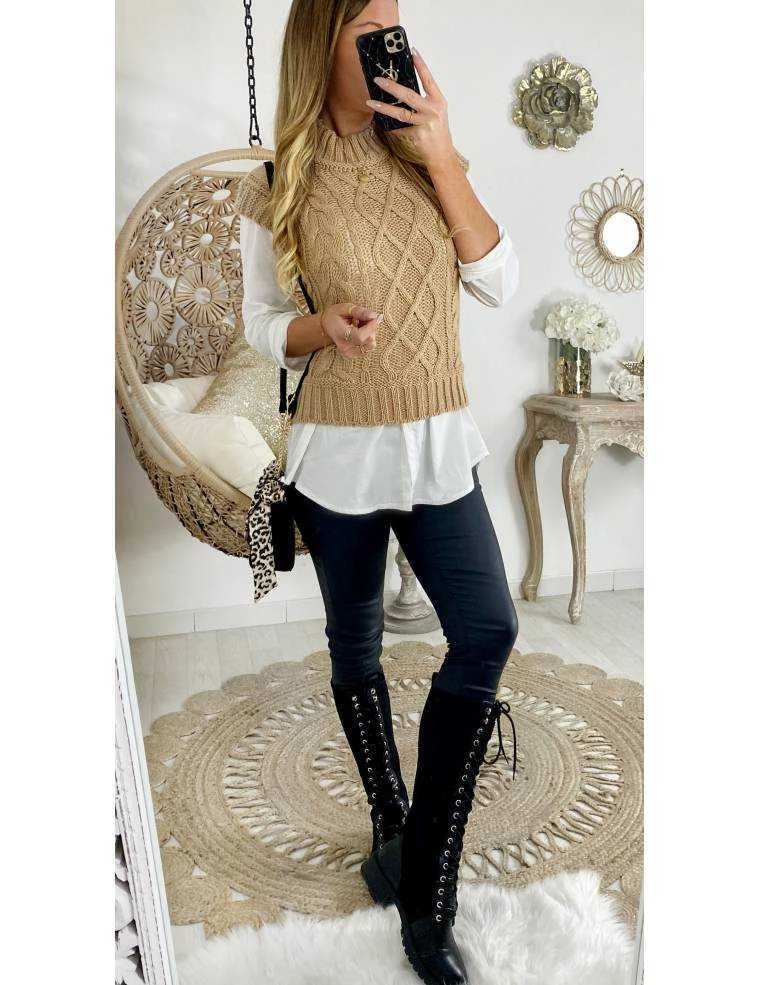 Mon Pull Camel Torsades Sans Manches 3 Mon Pull Camel Torsades Sans Manches