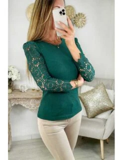 Mon Pull Côtelé Vert émeraude "manches Broderies" -Elegance Douce Boutique mon pull cotele vert emeraude manches broderies 2