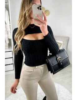 Mon Pull Noir Côtelé & Torsadé "effet Deux Pièces"