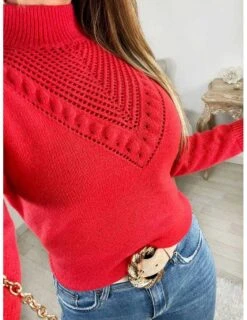 Mon Pull Rouge Vermillon " Ajouré Et Pompons"