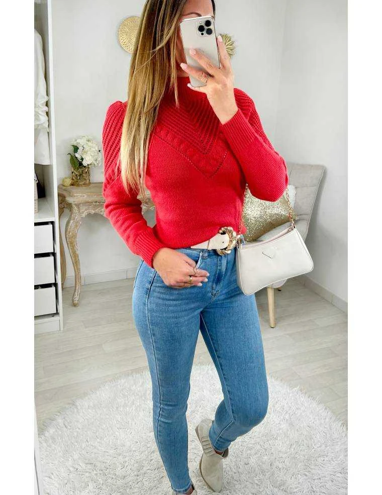 Mon Pull Rouge Vermillon " Ajouré Et Pompons" 6 Mon Pull Rouge Vermillon " Ajouré Et Pompons" – Image 4