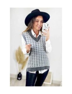 Mon Pull Sans Manches Grey "pied De Poule"