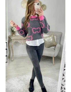 Mon Pull Tout Doux Gris " Pink Inspi"