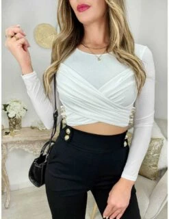 Mon Top Blanc Style Lycra "buste Croisé Et Boutons Dorés"