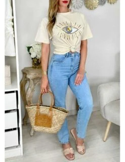 Tee Shirt Beige Oversize Motif œil Et Sequins